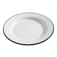 Assiette Ronde en Émail Blanc avec Bord Bleu, Design Simple, Assiette Plate pour Dîner, Écologique, Sûre pour les Aliments, Plat de Présentation Émaillé, Nouveauté