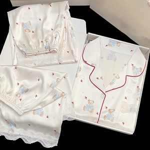 Pigiama in Pizzo di Alta Qualità Lijia, Set Estivo a Tre Pezzi in Seta Sintetica per Ragazze e Signore, Maniche Corte - Product Image 1