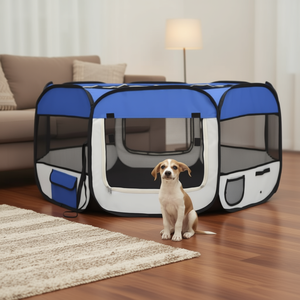 คอกกั้นสุนัขสีน้ำเงินครีม โพลีเอสเตอร์ ขนาด 57.1 x 57.1 x 24.0 นิ้ว พับได้ สำหรับใช้ในบ้าน รูปทรงสี่เหลี่ยมผืนผ้า สไตล์โมเดิร์น - Product Image 2