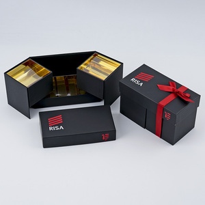 Caja de Regalo Negra de Doble Puerta con Logotipo Personalizado, Tarjeta Dorada y Lazo Rojo, Empaque de Papel Rígido de Lujo para Chocolate - Product Image 1