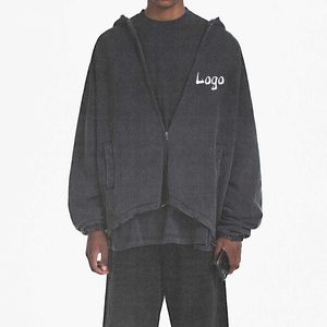 Sweat à capuche zippé noir délavé à ourlet asymétrique, avec logo personnalisé, coupe oversize, cordon de serrage aux poignets, style streetwear ample pour homme, vente en gros - Product Image 1