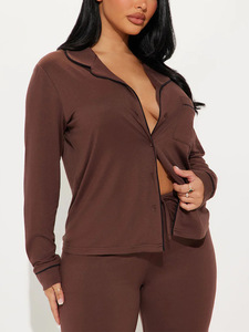 Ensemble de pyjama en viscose pour femmes, chemise à <span class=keywords><strong>manches</strong></span> <span class=keywords><strong>longues</strong></span>, pantalon droit, style décontracté, couleur unie, doux et confortable - Product Image 6