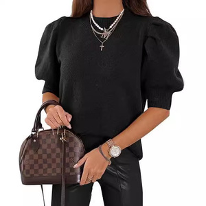 Solid Color O-Neck Slim Short <b>Bubble</b> Sleeve T-Shirt Women's <b>Tops</b> Fashion - Product Image 2