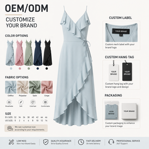 Robe midi en mousseline bleu poudré personnalisée pour <span class=keywords><strong>femme</strong></span>, col en V, à volants, style portefeuille, pour demoiselle d'honneur, invitée de mariage, cocktail, fournisseur en gros - Product Image 5