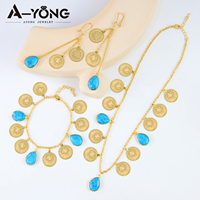 Parures de bijoux colorées en gros, ensemble de bijoux en or 18 carats avec pièce de monnaie carrée en forme de rose, design Dubaï, vintage, pièce de monnaie turquoise, ensemble de 3 pièces pour mariage