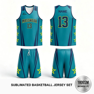 Maillot de basketball sublimé imprimé pour garçons, ensemble uniforme d'équipe personnalisé, séchage rapide, respirant, 100 % polyester, sans manches, bleu sarcelle avec étoiles sur les côtés - Product Image 1