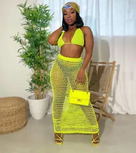 Just Arrivals STOCK 2Colors <strong>Crochet</strong> Dress Knitted Two Pieces Beachwear Triangle Top <strong>Long</strong> Beach <strong>Skirt</strong> - Product Image 1