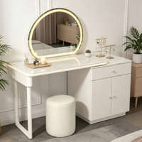 Miroir de maquillage moderne en bois massif blanc de luxe, multifonctionnel, durable, avec éclairage LED, dessus en marbre, armoire de rangement, tabouret