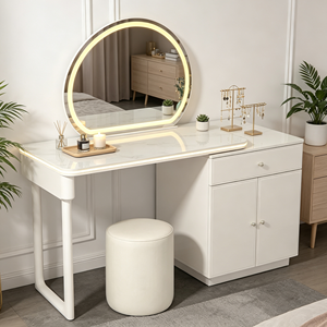 Tocador de maquillaje moderno blanco con espejo LED redondo, gabinete de almacenamiento con superficie de mármol y taburete, mesa de tocador para dormitorio - Product Image 1
