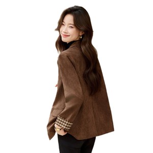 Retro Patchwork Suede Blazer For Women Coffee Color Autumn Winter Workwear Top Solid Pattern Buttons Design - Product Image 5