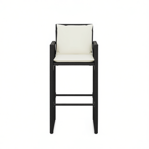 Tabouret de bar en rotin noir avec coussin crème, mobilier commercial contemporain moderne pour jardin et extérieur, structure en métal - Product Image 1