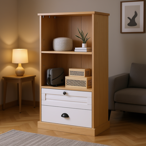 Libreria Bianca in Legno di Pino Massiccio con 2 Cassetti e 2 Ripiani, Mobile per Soggiorno, Design Moderno Scandinavo - Product Image 2