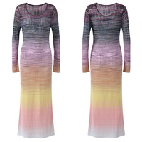 Robes longues en tricot pour femme, col rond, manches longues, dégradé de couleurs, ajourées, collection automne 2026