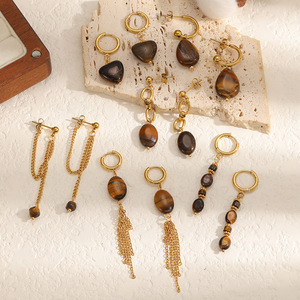 Pendientes Colgantes Vintage de Ojo de Tigre con Borlas, de Acero Inoxidable, con Forma de Corazón, Joyería de Moda, Origen Yiwu TE60631 - Product Image 2