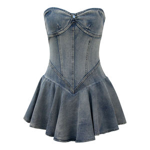 Robe Courte en Jean Vintage sans Bretelles pour Femme, Style <span class=keywords><strong>Corset</strong></span> Décontracté avec Jupe Évasée, Tenue de Soirée - Product Image 1