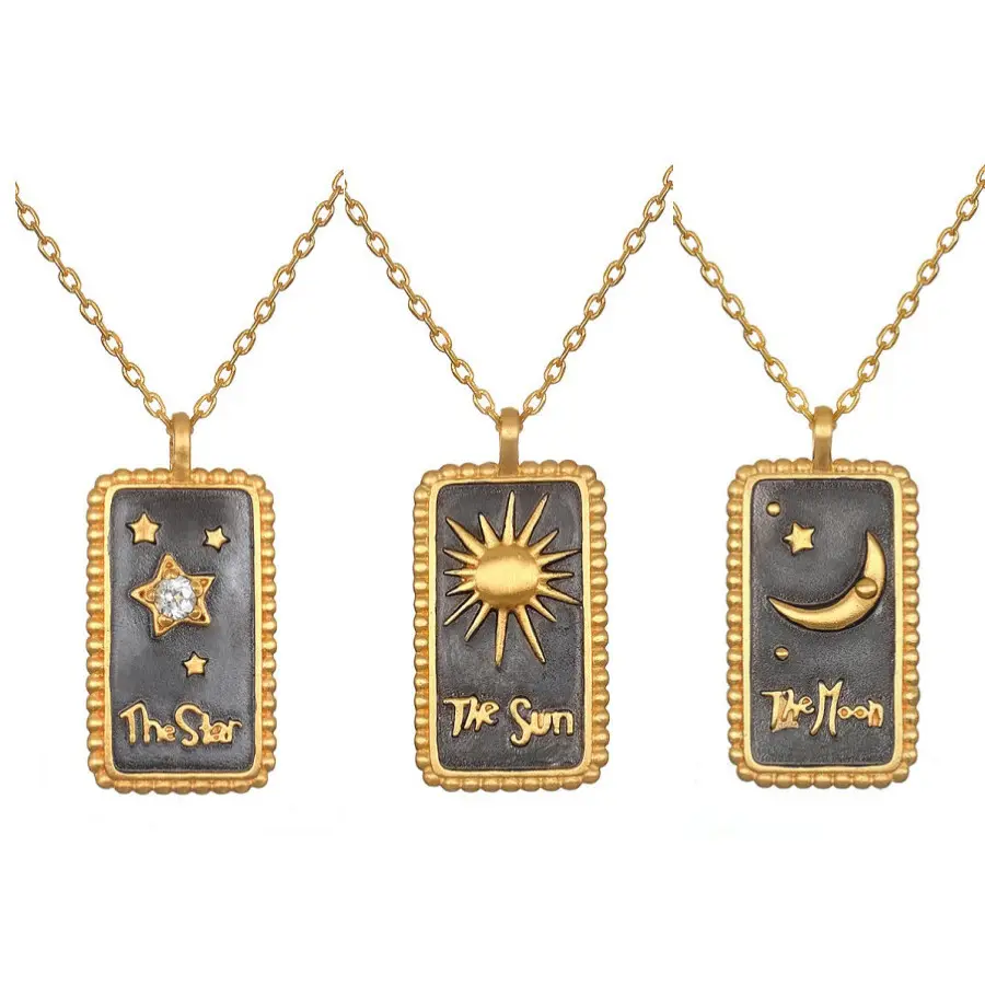 Fashion Star Moon Sun Stereoscopic Tarot Necklace 18K Gold Dainty Stainless Steel Square Relief Sun Moon Star Pendant Necklace