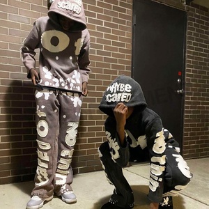 Men Applique Patches Embroidery Custom Logo Jogger Flare Tracksuit Cut and <b>Sew</b> Hoodies Two Piece <b>Set</b> Sweat Suit - Product Image 3
