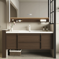 Meuble-lavabo moderne en noyer avec miroir à cadre squeletté et étagères ouvertes, armoire de rangement murale pour salle de bain