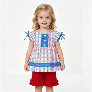 En stock: Conjunto de ropa para niñas con estampado de estrellas a cuadros para el 4 de julio, atuendo infantil al por mayor, ropa linda de moda nueva para bebés y niños pequeños de fábrica. - Product Image 5