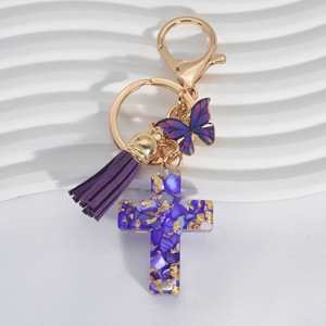 Porte-clés Croix Chrétienne en Résine Bleu/Violet/Rose avec Breloque Papillon et Pompon – Décoration Suspendue Élégante pour Hommes et Femmes – Vente Flash - Product Image 5