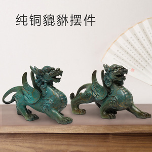 Pixiu Figurines Pair Verdigris Color Handmade Office Decor Sculptures - Product Image 3