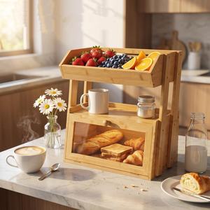 Boîte à pain en bambou avec panier à fruits 2 en 1, rangement multi-niveaux pour le pain et les fruits - Product Image 1