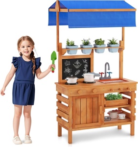 Table de jeu de cuisine rustique en bois coloré faite à la main pour enfants de 5 à 7 ans avec auvent réglable, banc de jardinage et table à boue Yuyi - Product Image 1