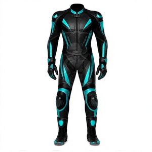 Women Leather Motorcycle Racing Suit Black Teal Color Blocked Full Sleeve One Piece <b>Bodysuit</b> - Product Image 2