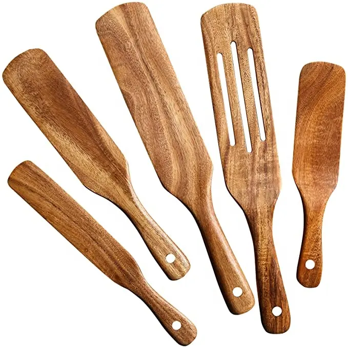 Nonstick Natural Teak Wood Spatulas Acacia Wood Slotted Spurtle Spoons Utensils Set for Home Kitchen