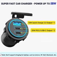 Prise USB C 12V double avec PD3.0 20W USB-C et port USB QC3.0 18W avec interrupteur d'alimentation et câble de 59 pouces