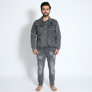 <b>Custom</b> LOGO Men Plain Bulk <b>Denim</b> <b>Jacket</b> Ripped Flap Pocket Black <b>Denim</b> <b>Jacket</b> for Men - Product Image 1