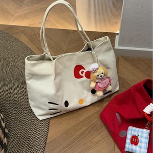 Новая модель для Hello Kitty, модная Холщовая Сумка-тоут на молнии, ручная сумка на плечо, вместительная Студенческая женская сумка - Product Image 6