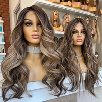 Pelucas de Cabello Virgen Remy con Ondas Grandes y Reflejos Marrón Ceniza, con Línea de Cabello Pre-Depilada, sin Pegamento, con Cutícula Alineada, Venta al Por Mayor