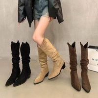 Bottes montantes à talon épais et bout pointu en peau de carpe, style rétro, pour femme, nouvelle collection automne 2026, polyvalentes, à enfiler, style western