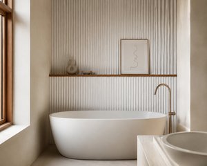 Panel de Pared WPC de Forma Especial <span class=keywords><strong>Semicircular</strong></span>, Revestimiento de Listones Irregulares, Decoración Interior Moderna para Baño, División de Pared - Product Image 3