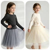 Ensemble 2 pièces pour filles, couleur unie, haut en tricot côtelé à manches longues, jupe en tulle moelleuse, ensemble de robe de princesse pour enfants pour les fêtes