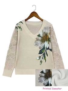 Maglione Vintage <span class=keywords><strong>da</strong></span> Donna con Scollo a V, Maniche Lunghe Traforate, Traspirante, Lavorato a Maglia, Stampa Floreale Bianca, Casual per Uso Quotidiano, Versatile per Casa e Ufficio - Product Image 4