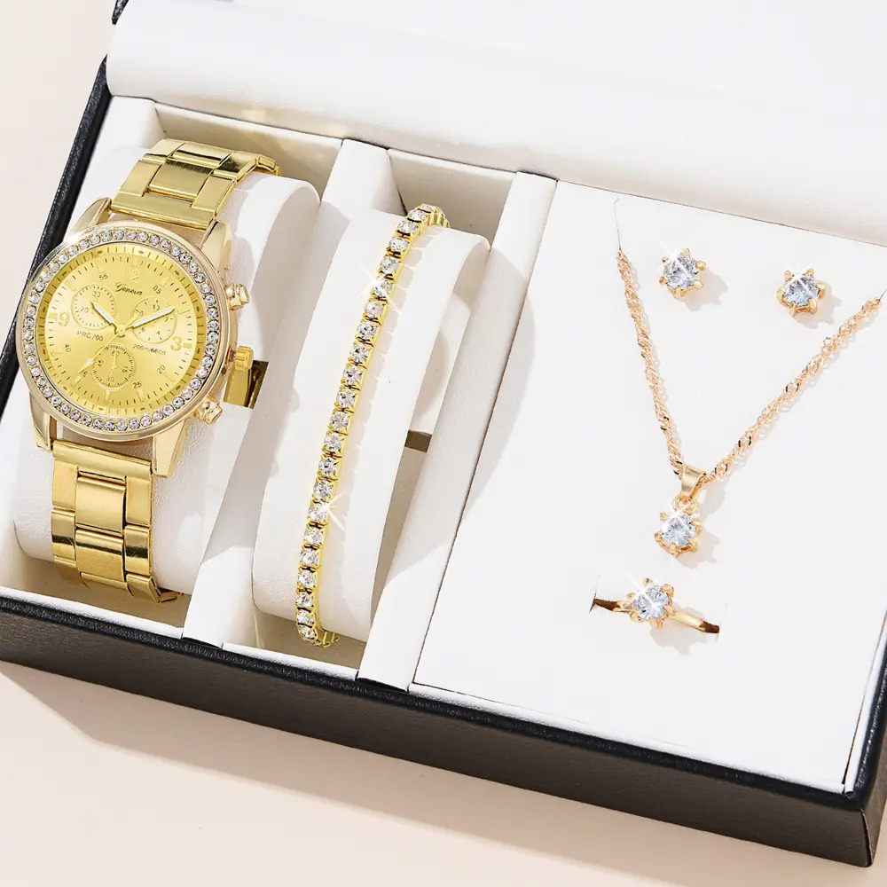 2023 grosir perhiasan Fashion Set hadiah 14K jam tangan wanita emas berlian Set perhiasan untuk wanita