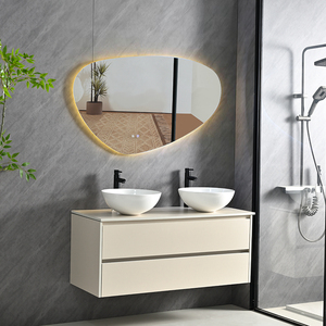 Meuble-lavabo mural moderne avec miroir <span class=keywords><strong>LED</strong></span>, vasque en pierre, durable, résistant à l'eau, écologique, design rectangulaire en bois - Product Image 1