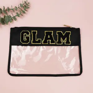 Waterproof Transparent Pvc Travel Toiletry Makeup Bag Monogram Chenille Letter Nylon Zipper Clear Cosmetic Bag Glam Pouch