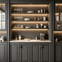 Mueble de TV de Pared Completo Estilo Americano Personalizado, Librería Negra, Centro de Entretenimiento Integrado, Puertas de Madera Contrachapada, Luz LED de Alto Brillo