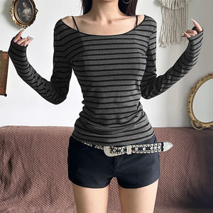 INS Style <b>Off</b> <b>Shoulder</b> Striped Slim Fit <b>Long</b> <b>Sleeve</b> <b>Top</b> Y2K Minimalist Streetwear Bodycon Tee - Product Image 4
