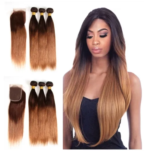 Virgin cuticle aligned Brazilian hair colored 4/30 Dark Roots Brown Ombre Hair 3 Bundles with 1 Lace Closure 4*1 in a package