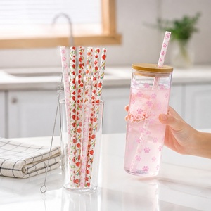再利用可能なプリント入りプラスチックタンブラーストローセット6個入り パウ・ローズ・アップルペンシル柄 ドリンクストロー クリーニングブラシ1本付き - Product Image 4
