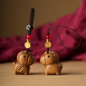 Collier pendentif porte-clés vintage en bois de santal et pièce de monnaie en cuivre, motif animal mignon, accessoires créatifs, chaîne courte pour télé<span class=keywords><strong>phone</strong></span> portable, pour femme - Product Image 2