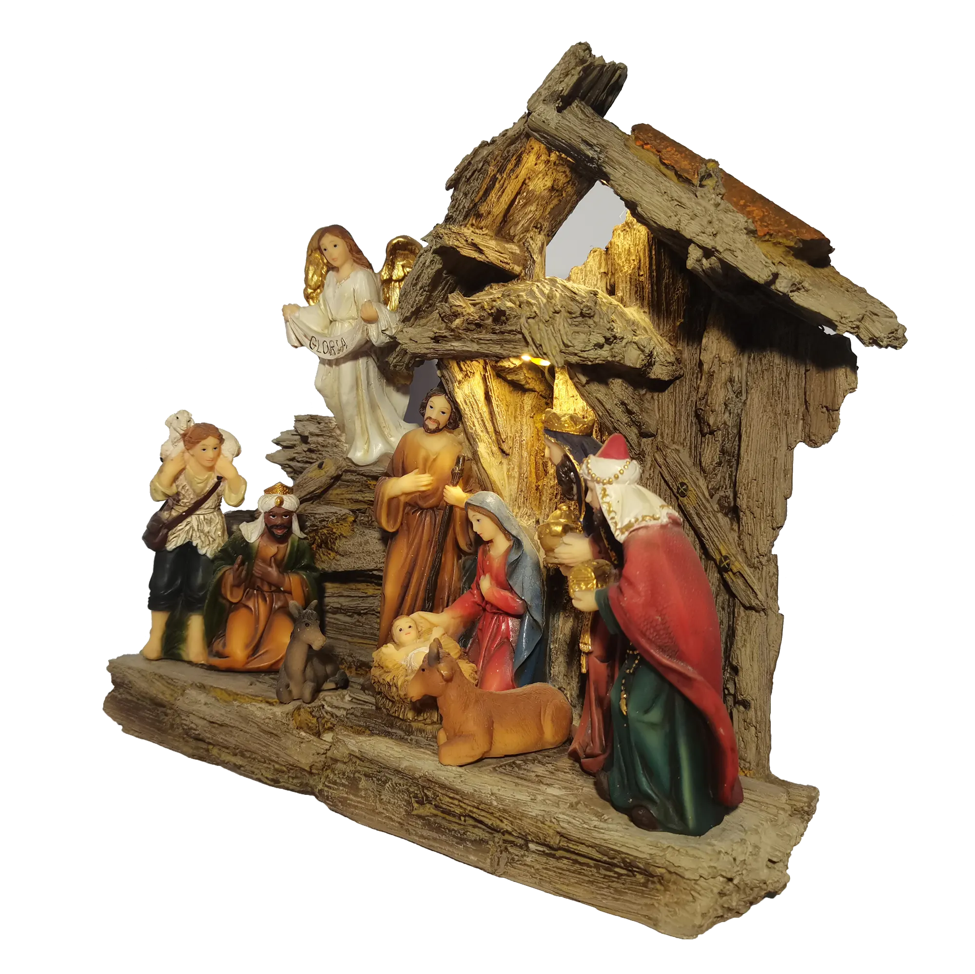 Top Grace 10 Zoll Krippe Religiöse Statue Mit Led Light Resin Broken Holz Krippe Weihnachts dekoration im Freien