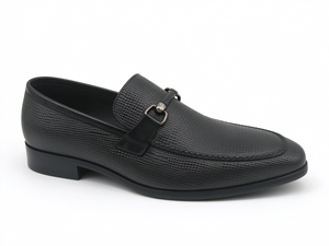 Mocassins pour hommes en cuir véritable texturé, noirs, à enfiler, avec boucle métallique, talon bas carré, pour affaires, bureau, mariage - Product Image 3