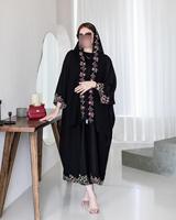 Abaya modeste en mousseline de polyester noire de luxe, faite à la main, lourde, avec des perles 3D, broderie florale, longueur cheville, pour mariage, fête, Eid