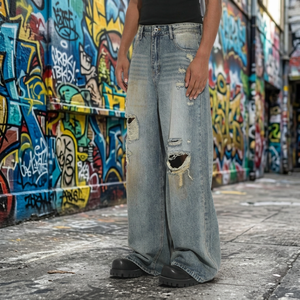 Jean en denim vintage patchwork pour homme Bossypro, coupe droite, déchiré, imprimé graffiti, pantalon de jogging en coton imprimé léopard - Product Image 1