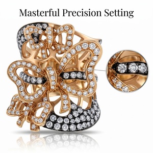 Bague Papillon Premium en Or Rose Massif 18K avec Rhodium Noir, Diamants Blancs et Pavé de Diamants, Sertissage Ajoure, Cadeau d'Anniversaire - Product Image 2